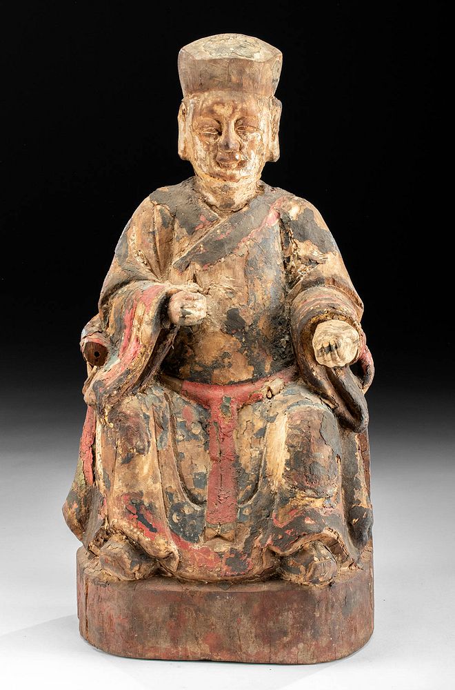 Appraisal: th C Chinese Qing Polychrome Wood God of Wealth East