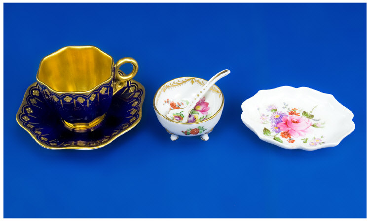 Appraisal: Miniature Porcelain Dresden Four-Footed Bowl with Hand Painted Deutsche Blumen