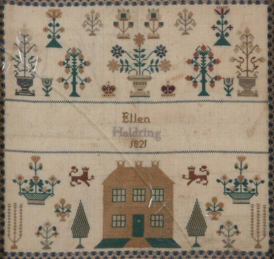 Appraisal: ENGLISH NEEDLEWORK PICTORAL SAMPLER made by Ellen Haldring Inscription centered