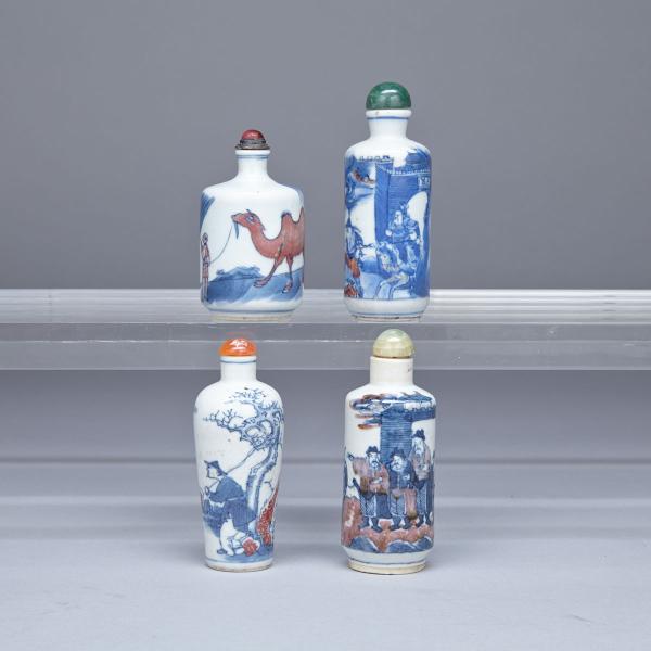 Appraisal: Four Blue White and Copper Red Snuff Bottles th Century