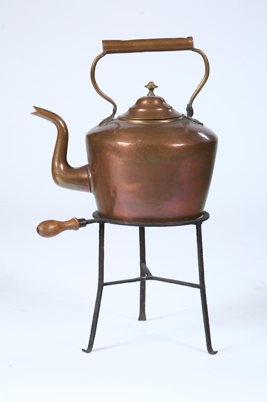 Appraisal: TEA KETTLE AND STAND Probably American th century Copper tea