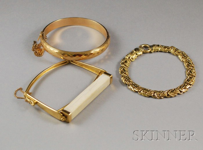 Appraisal: Three kt Gold Bracelets a bangle and a flexible chain