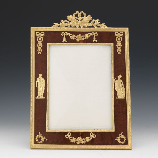 Appraisal: FRENCH EMPIRE STYLE D'ORE BRONZE BURLWOOD AND MOIRE PICTURE FRAME