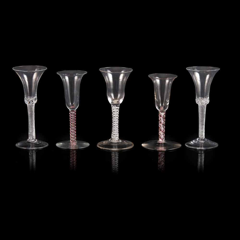 Appraisal: FIVE TWIST-STEM WINE GLASSES MID-LATE TH CENTURY all with bell-shaped