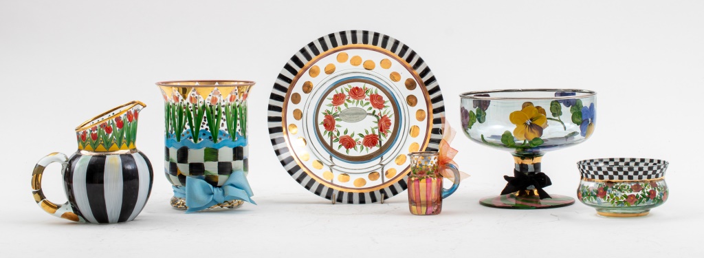 Appraisal: MACKENZIE-CHILDS ASSORTED GLASSWARE Six pieces of MacKenzie Childs hand-painted glassware