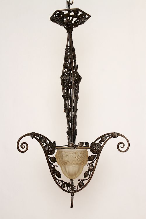 Appraisal: FRENCH ART DECO IRON CHANDELIER FOLIATE C A French Art