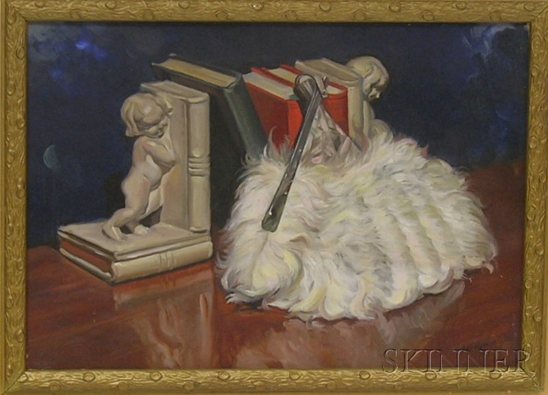 Appraisal: Framed American School Oil on Board Still Life with Books