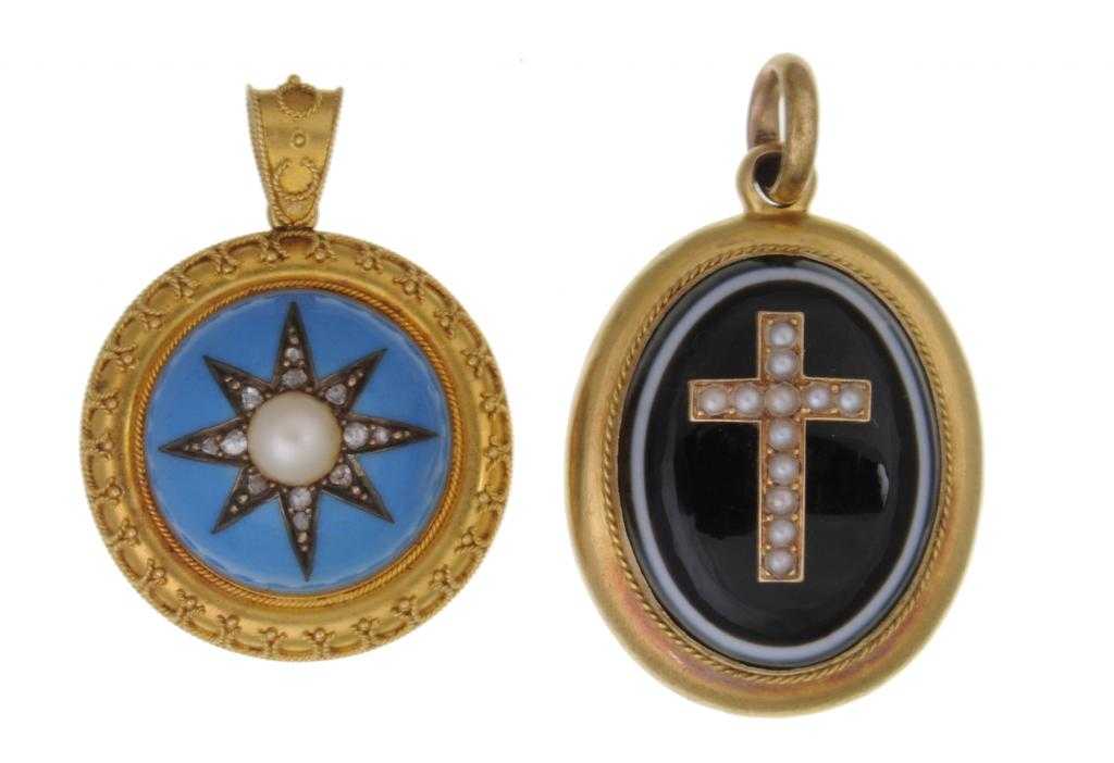 Appraisal: A VICTORIAN DIAMOND CULTURED PEARL GOLD AND TURQUOISE ENAMEL LOCKET