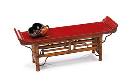 Appraisal: Chinese red lacquered recessed leg table stand and Jumu tray