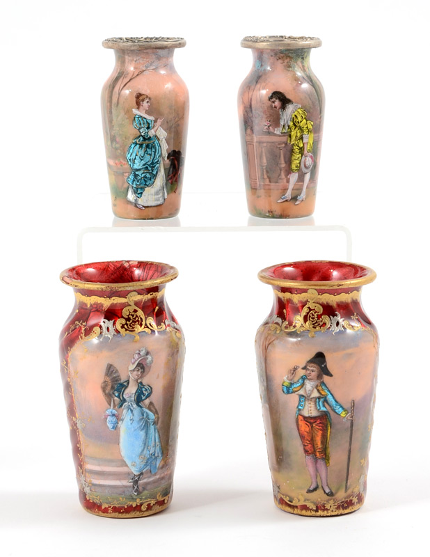 Appraisal: PIECE ENAMEL MINIATURE PORTRAIT VASES pairs pieces total to include