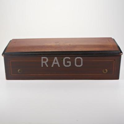 Appraisal: SWISS CYLINDER MUSIC BOX Mahogany top with marquetry inlay faux-rosewood