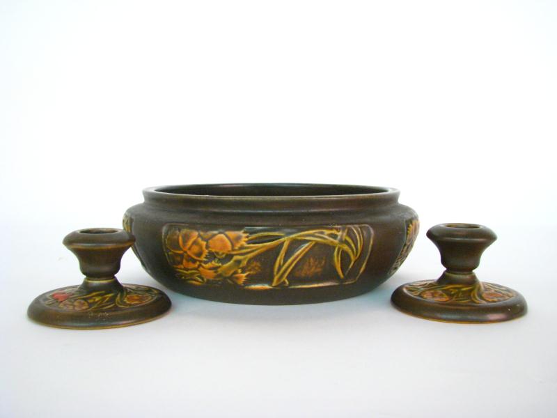 Appraisal: Roseville Pottery Rosecraft Bowl and Candlestick bowl is '' diameter