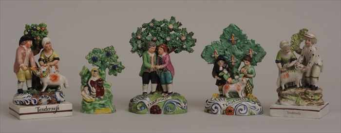 Appraisal: FIVE STAFFORDSHIRE PEARLWARE FIGURE GROUPS Comprising three titled Tenderness each