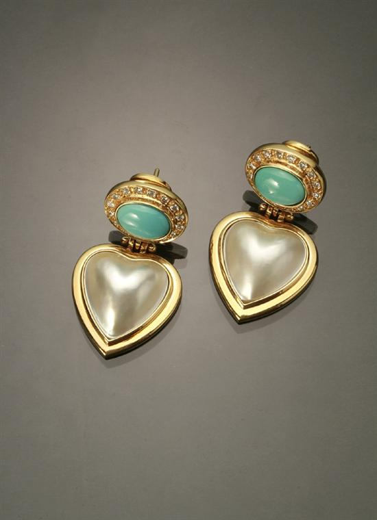 Appraisal: Pair of -Karat Yellow-Gold Diamond Turquoise and Mab Pearl French