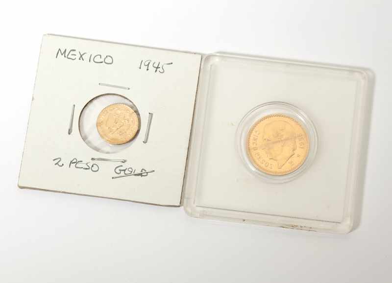 Appraisal: Two Mexican gold coins Comprising Two Peso and Five peso