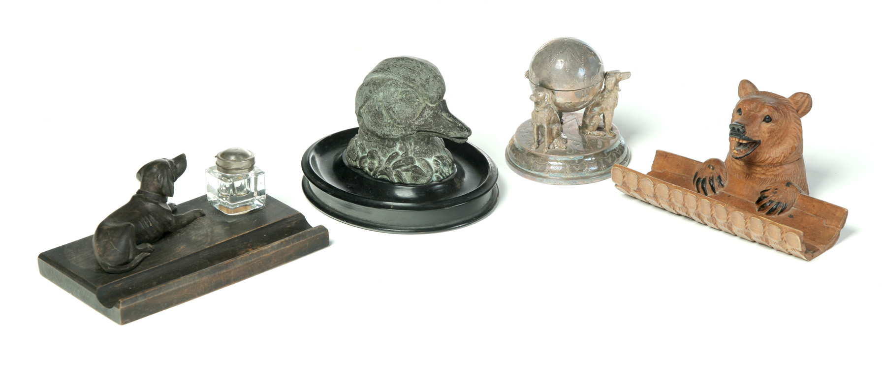 Appraisal: GROUP OF FOUR ANIMAL-THEMED INKSTANDS AND WELLS Late th early