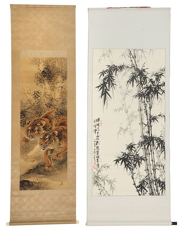 Appraisal: Two Asian Hand-Painted Scrolls th century one depicting two tigers