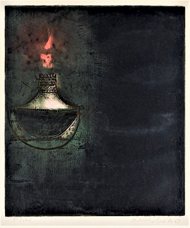 Appraisal: Kaiko Moti Indian Asiatic Flaming Oil Lamp Etching India -