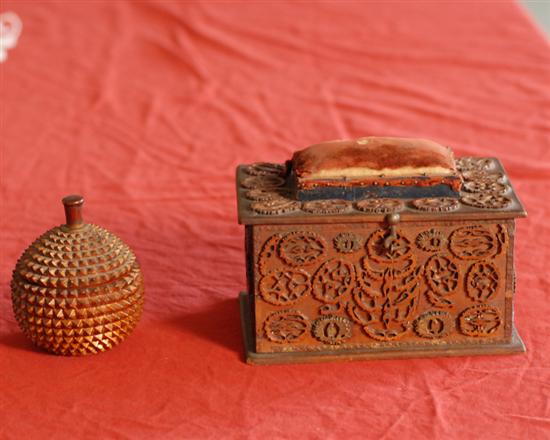 Appraisal: Two Decorated Wood Boxes an Asian carved wood lidded box