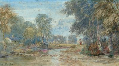 Appraisal: DAVID COX Figure on a Riverside Path signed watercolour over