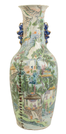 Appraisal: A LARGE CANTONESE FAMILLE VERTE VASE Qing with lion handles