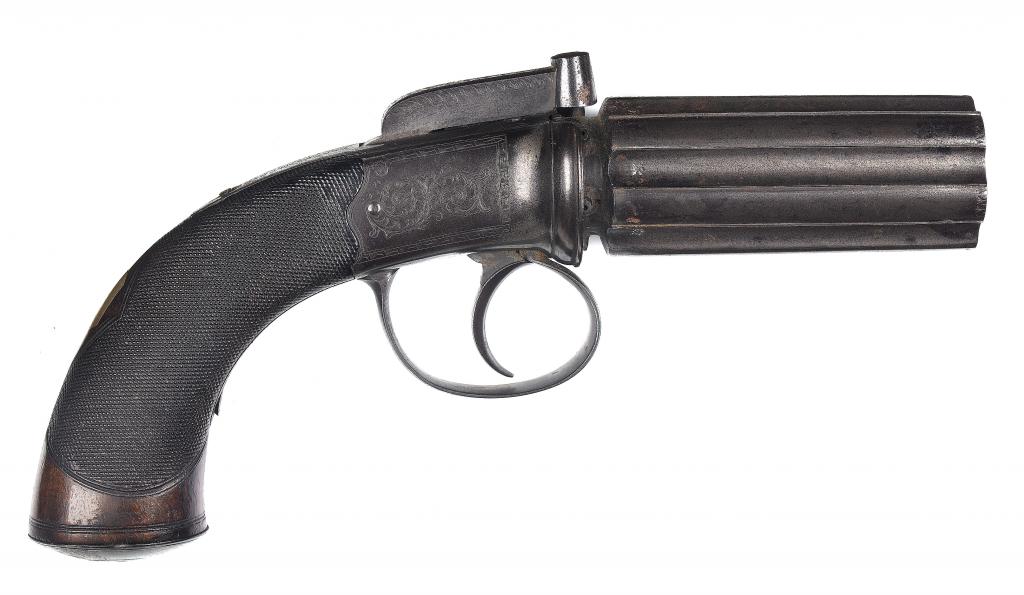 Appraisal: A VICTORIAN SELF-COCKING PERCUSSION 'PEPPER BOX' PISTOL the barrel with