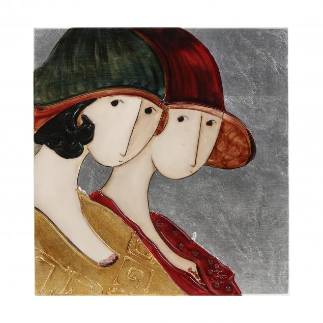 Appraisal: STEPHEN WHITE NC TWO WOMEN Oil and gold leaf on