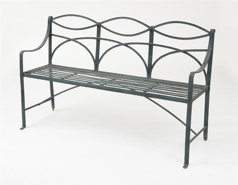 Appraisal: REGENCY STYLE GREEN-PAINTED WROUGHT IRON THREE SEAT GARDEN BENCH With