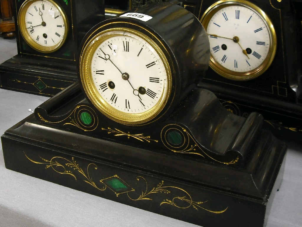 Appraisal: Black slate and malachite two train drumhead mantel clock the