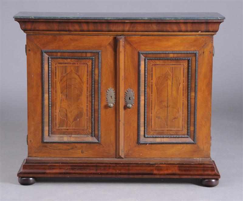 Appraisal: CONTINENTAL BAROQUE INLAID WALNUT CABINET With later faux marble top