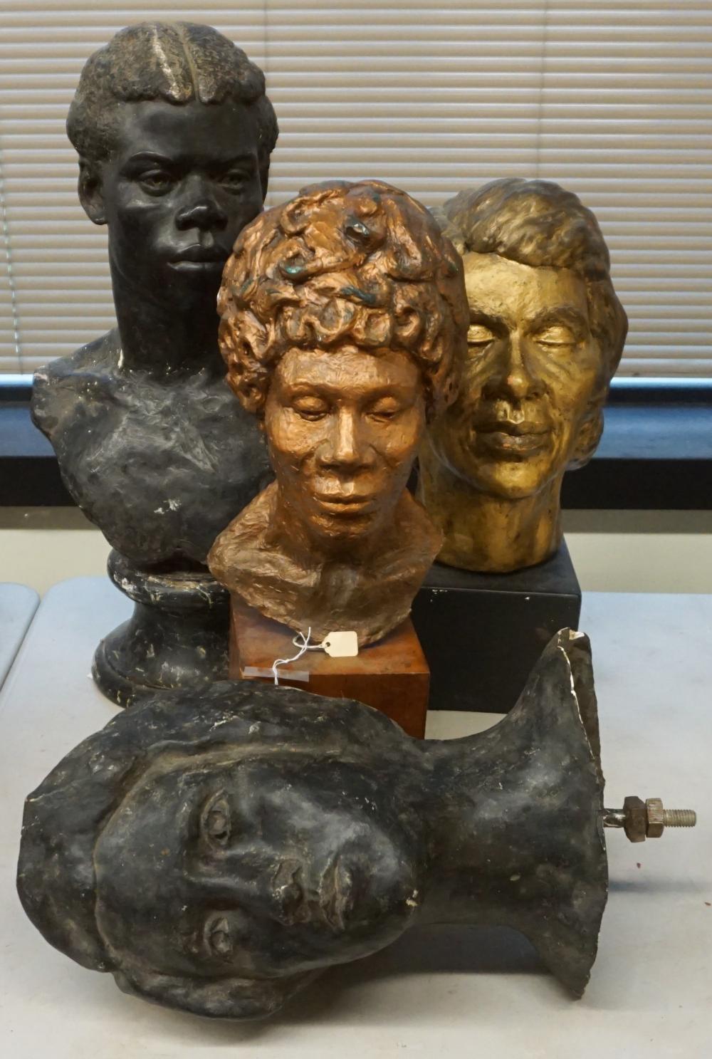 Appraisal: FOUR PAINTED PLASTER FIGURAL BUSTS H OF TALLEST IN CM