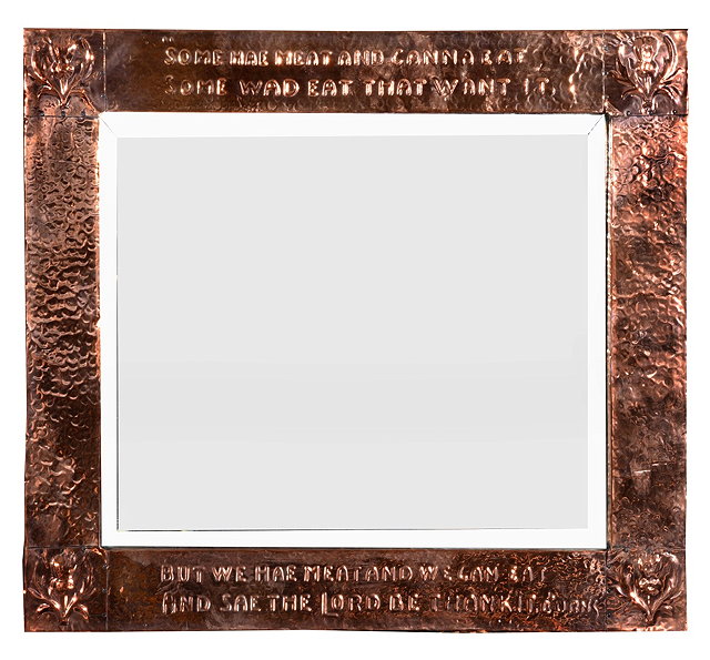 Appraisal: An Arts and Crafts hammered copper mirror with Robert Burns