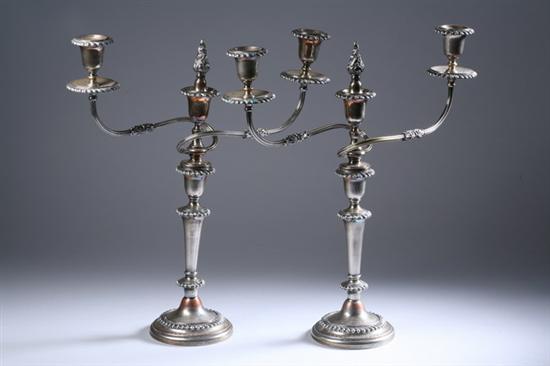 Appraisal: PAIR SHEFFIELD PLATE THREE-LIGHT CANDELABRA late th - early th