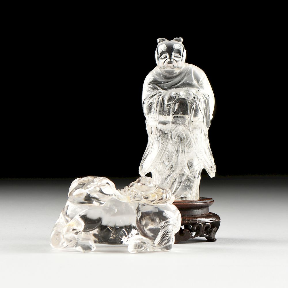 Appraisal: TWO CHINESE CARVED ROCK CRYSTAL AUSPICIOUS FIGURES TH CENTURY TWO