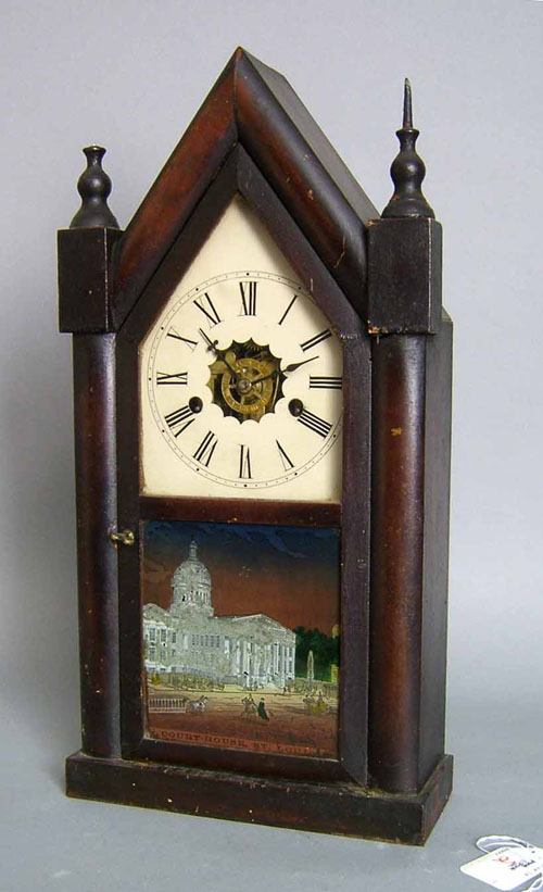 Appraisal: Forestville mahogany steeple clock ca with eglomise panel depicting Court