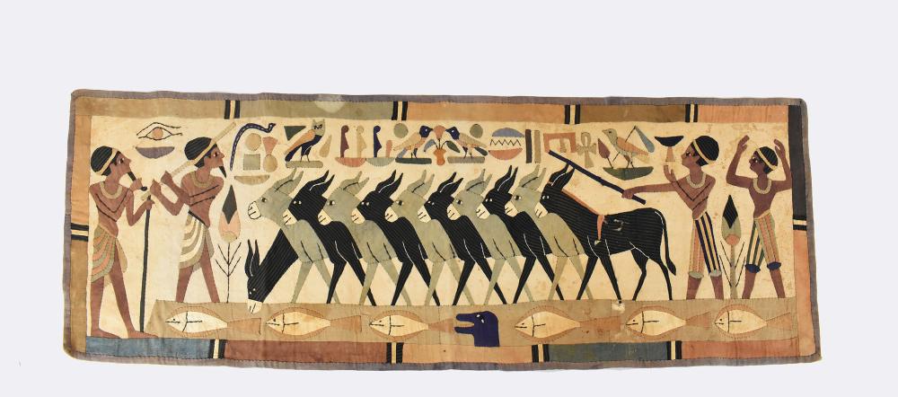 Appraisal: EGYPTIAN REVIVAL FABRIC BANNERCirca With hieroglyphs and depicting farmers with