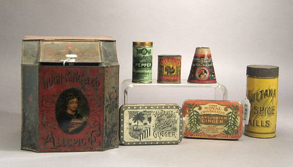 Appraisal: Americana Kitchen Advertising Containers Includes several early th century ginger