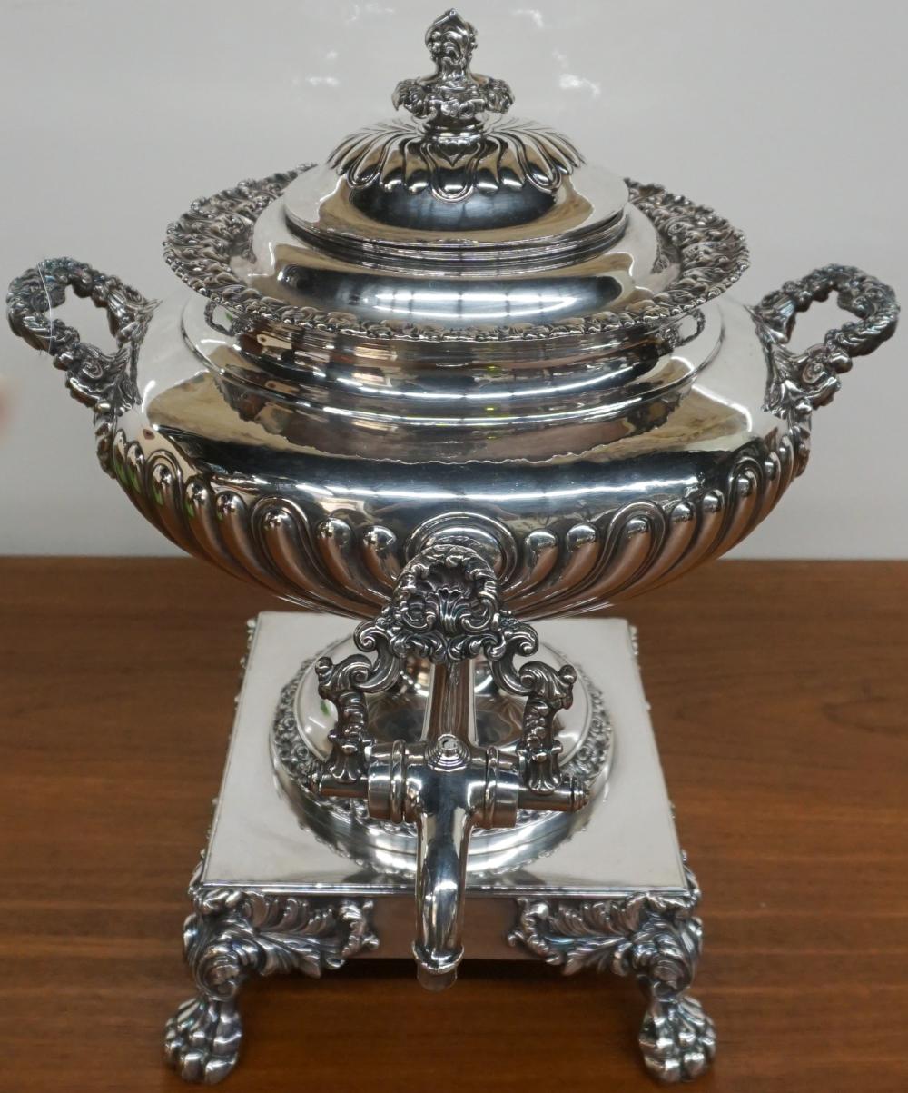 Appraisal: GEORGE III STYLE SILVERPLATE HOT WATER URN H IN CM