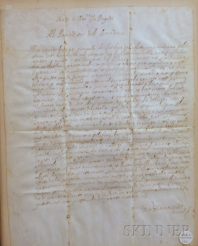 Appraisal: Italian Naval Manuscript document signed November one page signed illegibly