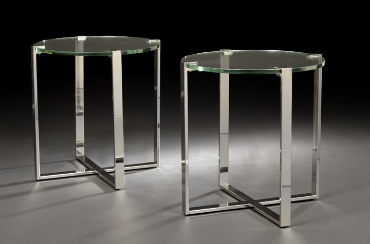 Appraisal: Pair of Art Moderne-Style Chromed Metal and Glass End Tables