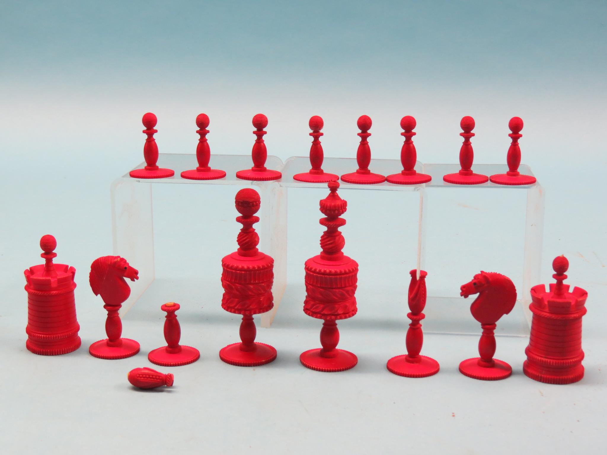 Appraisal: A good th century bone chess set red-stained and natural