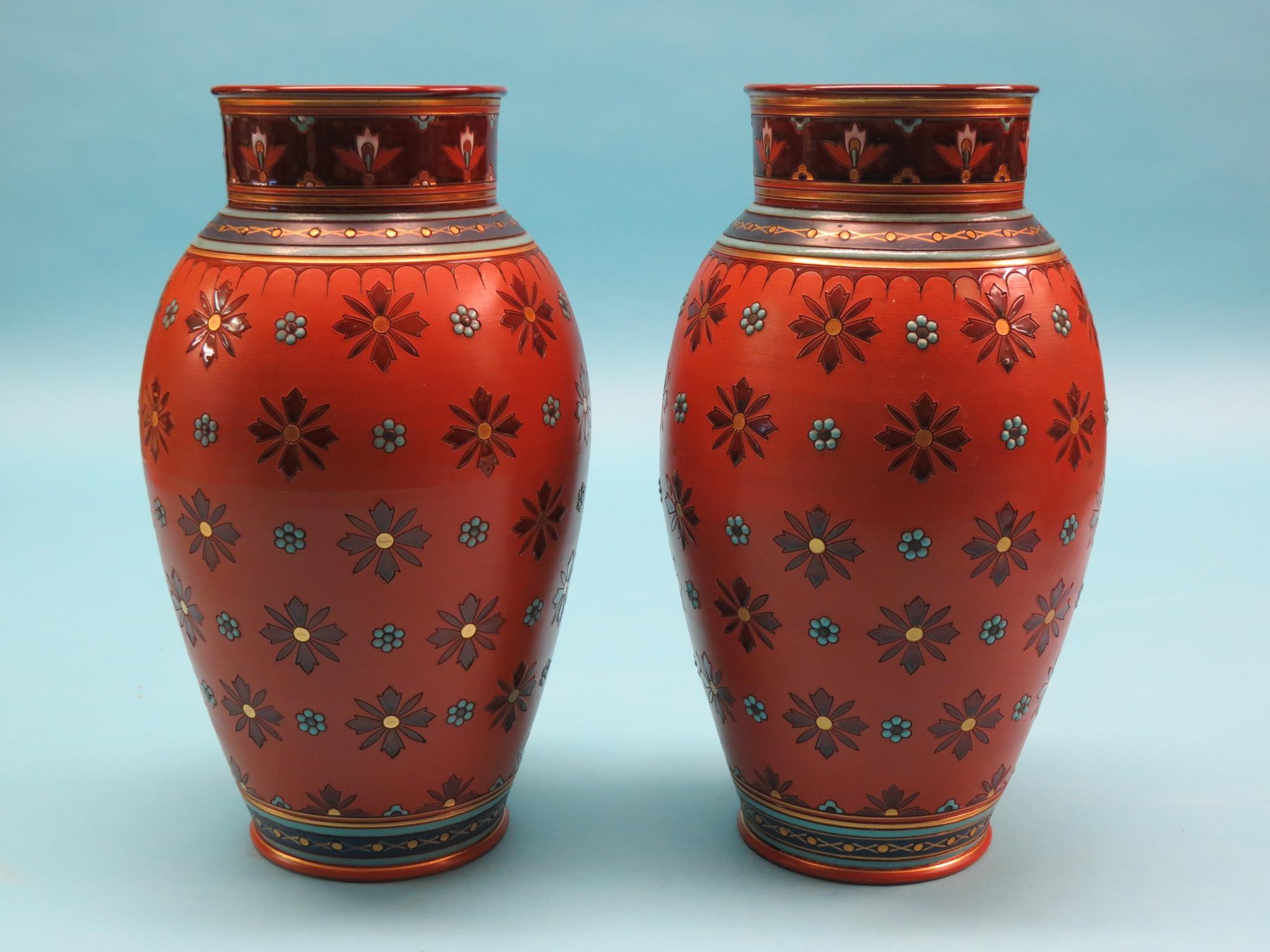 Appraisal: A pair of Mettalach stoneware vases baluster-shape brightly painted and