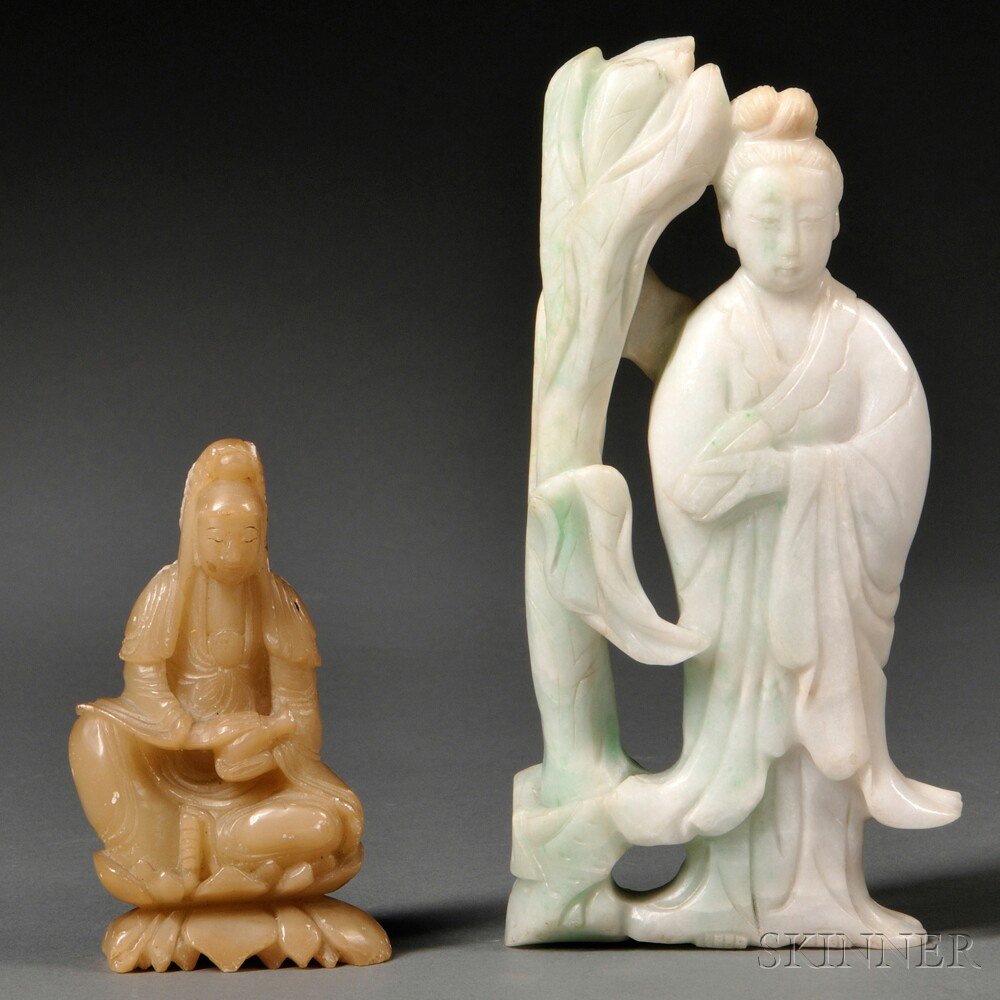 Appraisal: Two Carvings of Guanyin China th century a jade figure