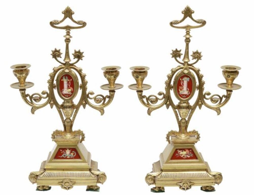 Appraisal: pair French gilt metal two-light candelabra th c turned-form standard