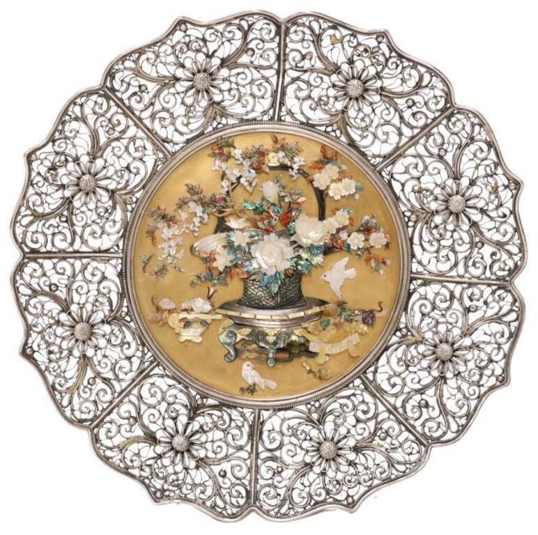 Appraisal: Japanese silver charger petal-form filigree rim applied shell arrangement of