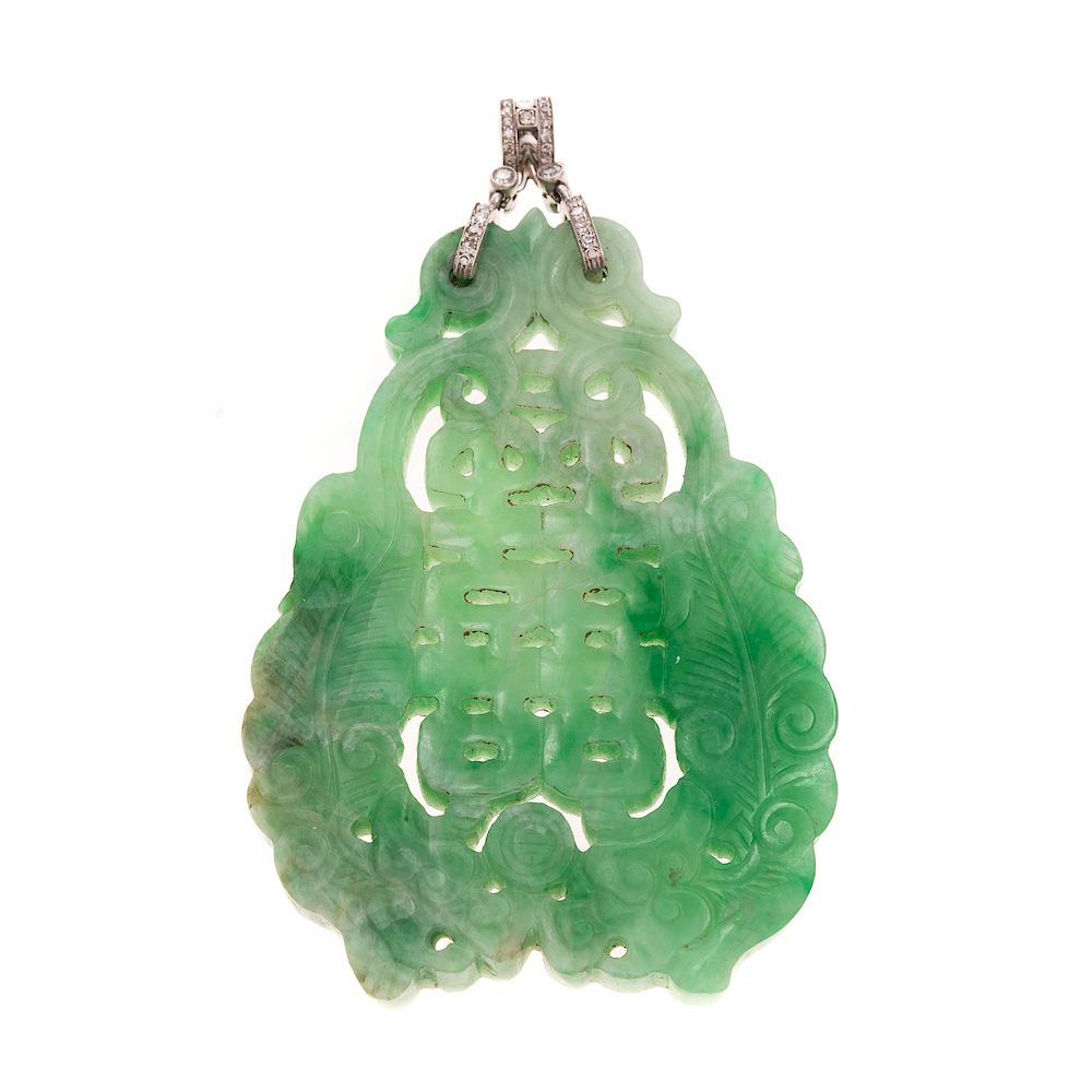 Appraisal: A Pierced Jadeite Pendant with Platinum Diamonds Platinum vintage bail