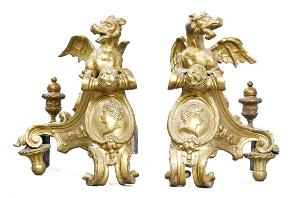 Appraisal: PAIR OF FIREPLACE CHENETS Napoleon III France Golden painted bronze