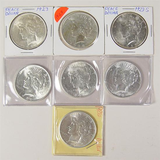 Appraisal: Seven Uncirculated Peace Dollars coins coins -S and Grade range