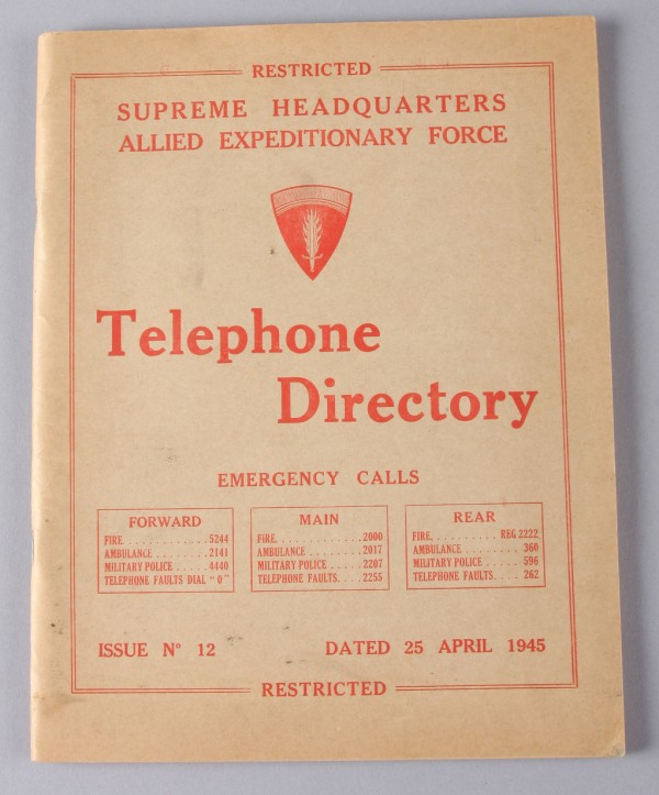 Appraisal: Telephone directory in paper wraps titled Supreme Headquarters Allied Expeditionary