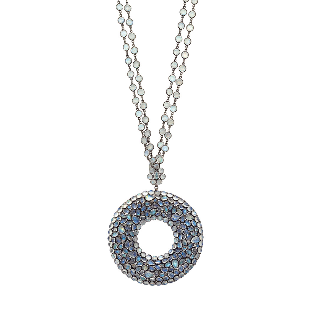 Appraisal: Long Double Strand Blackened Silver and Moonstone Chain Pendant-Necklace kt